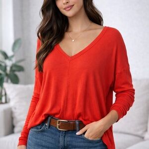 Free People Red Oversized V-Neck Long Sleeve Tee | XL Fit